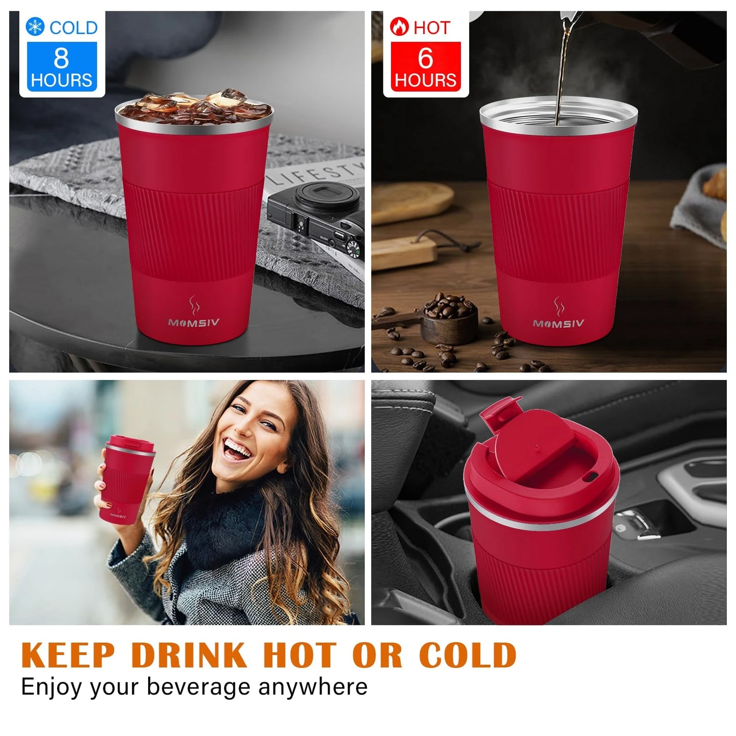 Stainless Steel Travel Mug Leak Proof Keeps Drinks Hot Cold Ergonom - Charm Trendify 