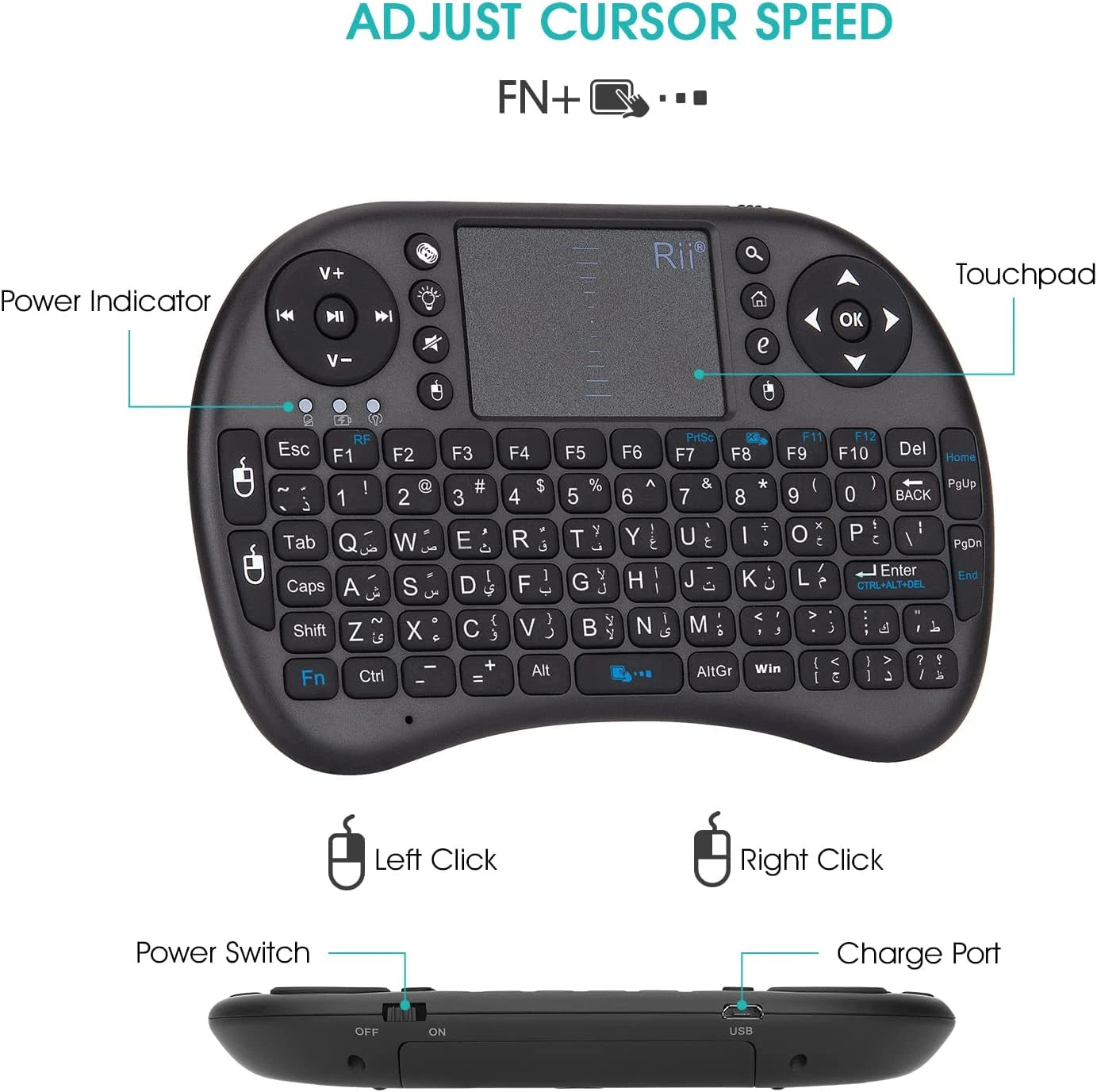 Rii Wireless Keyboard,[Arabic layout] i8 Mini Keyboard with Touchpad ＆ QWERTY - Charm Trendify 